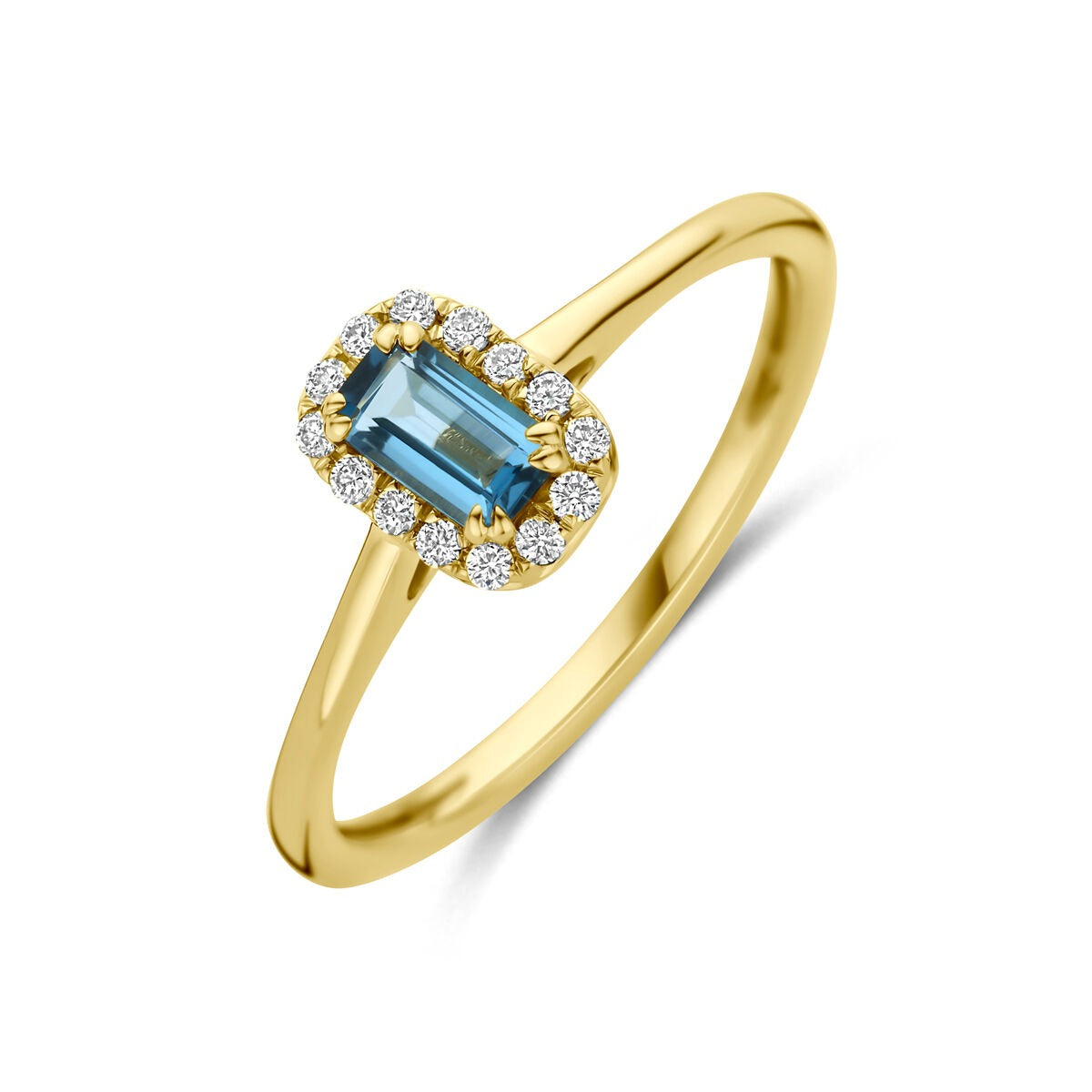 Bague en or jaune 14 carats avec topaze London blue et diamants synthétiques.