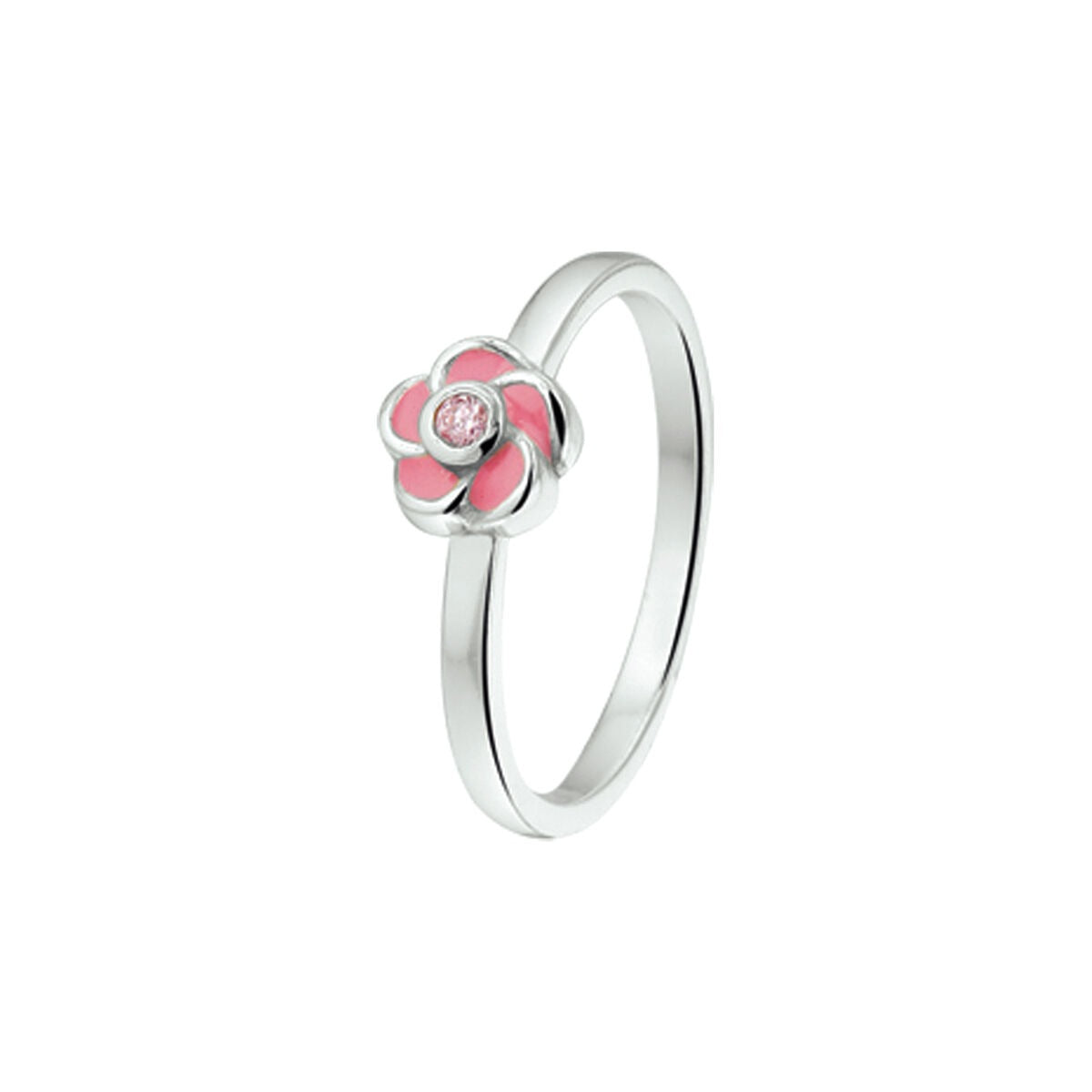 Bague en argent avec fleur en émail rose et zirconia.