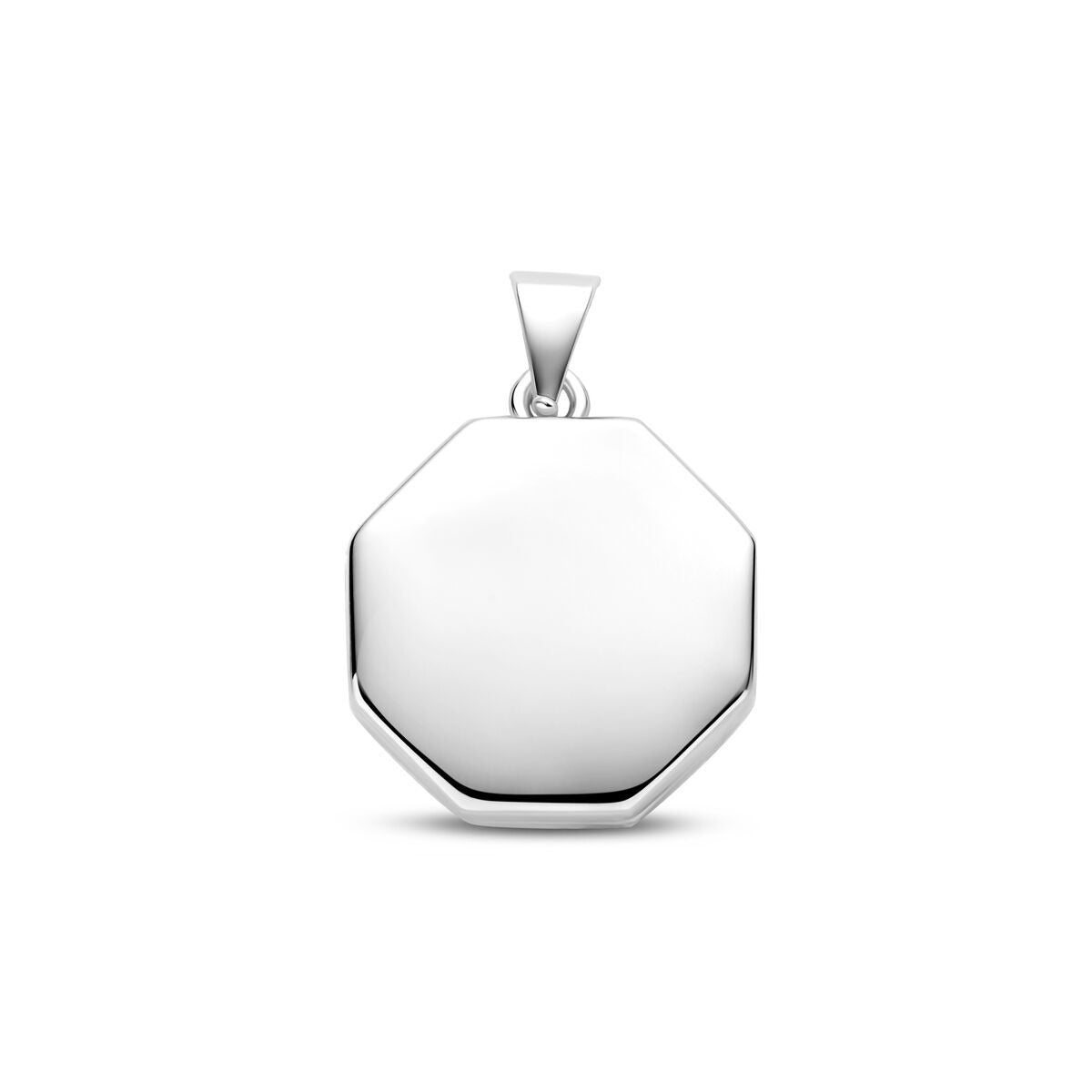 Pendentif octogonal en argent 925 rhodié, surface lisse et brillante.
