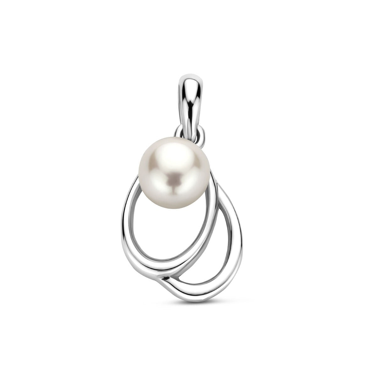 Pendentif en argent rhodié avec une perle, design en forme de boucle, diamètre de 15,5 mm.