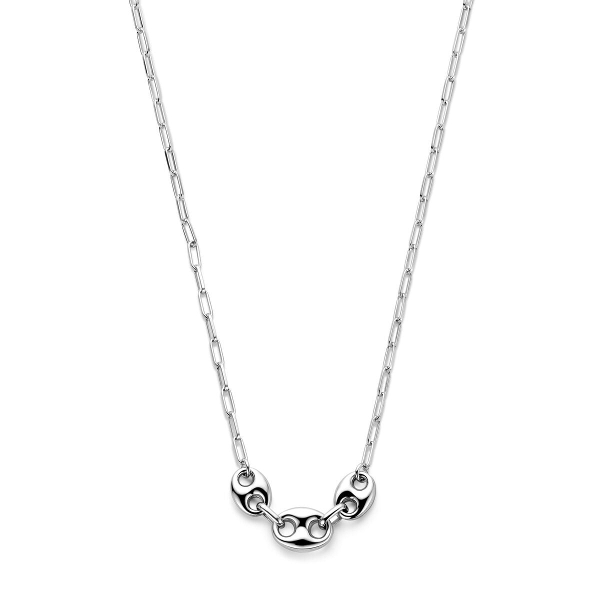 Collier en argent rhodié avec maillons en forme de grain de café, design raffiné.
