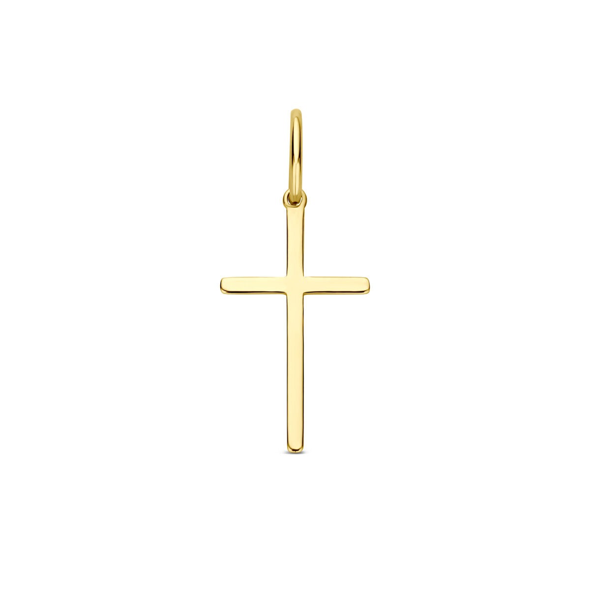 Pendentif croix en or jaune 9 carats, design simple et épuré.