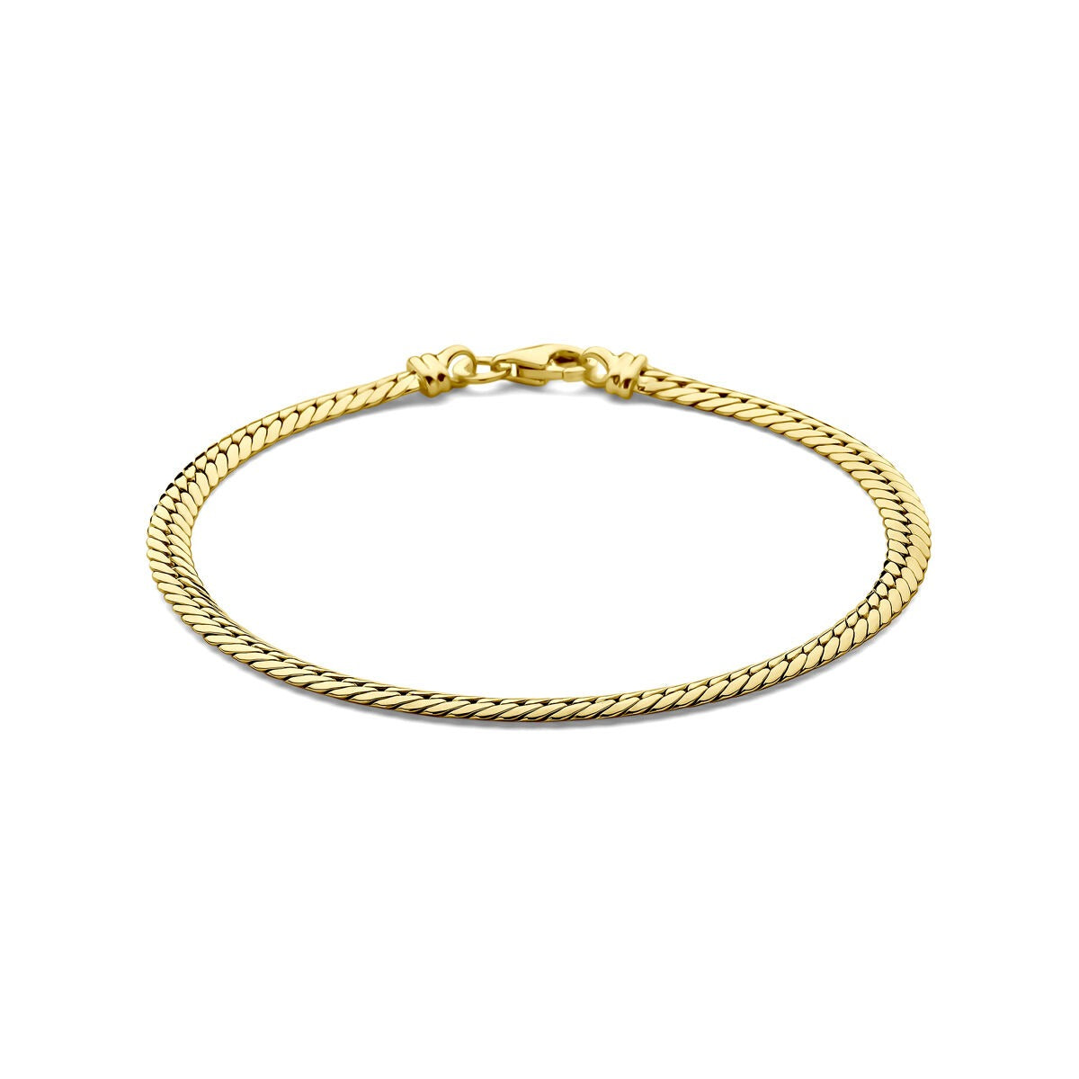 Bracelet gourmette en or jaune 14 carats, avec maillons tressés et fermoir.