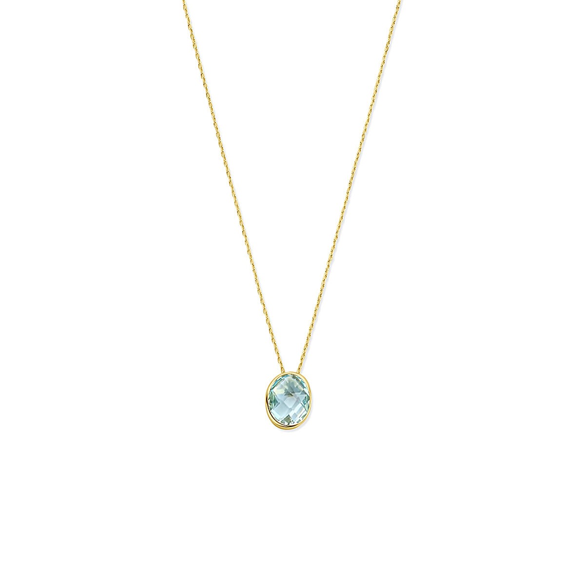 Collier en or jaune 14 carats avec topaze bleue, longueur de 41 à 45 cm.