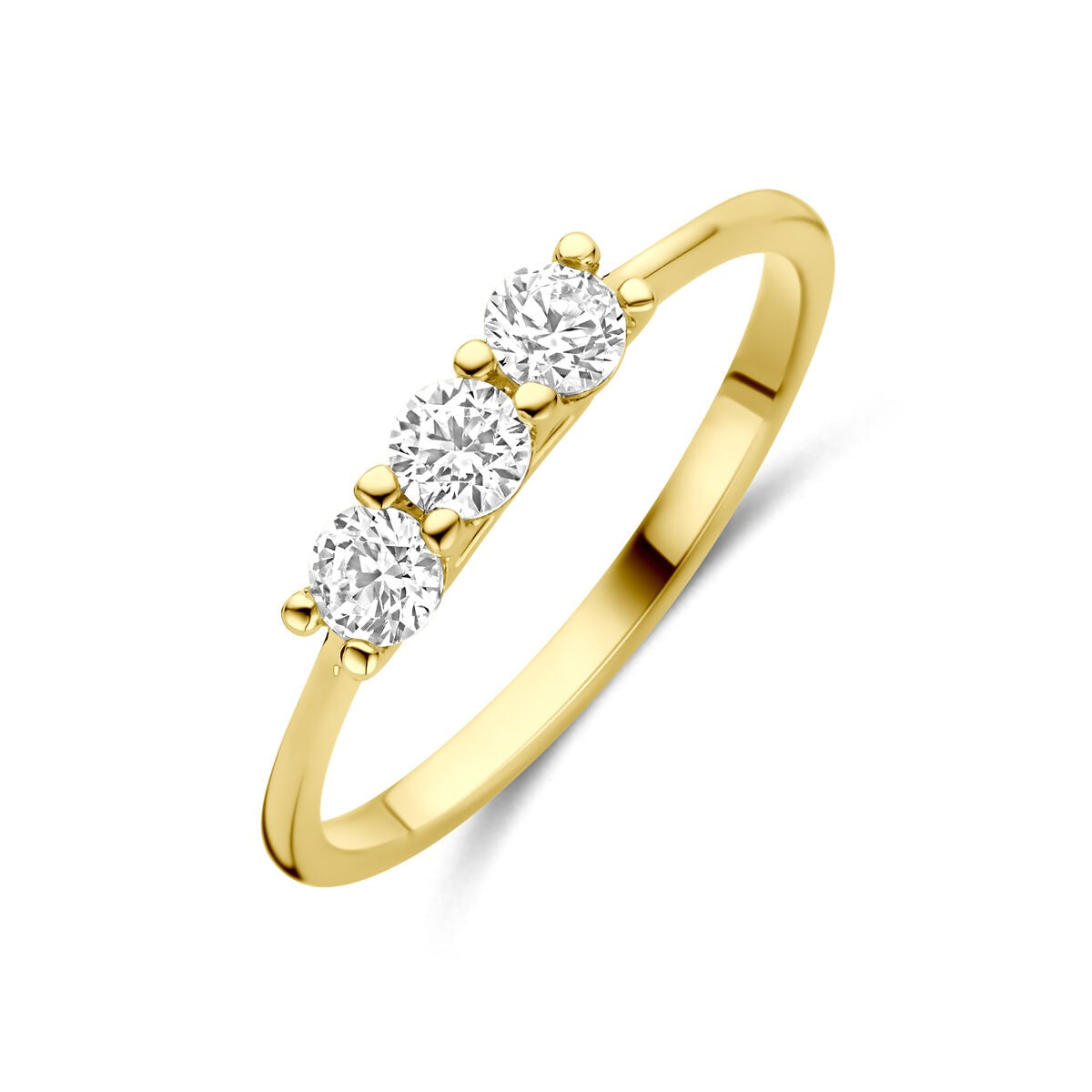 Bague en or jaune 14 carats avec trois zirconias ronds.