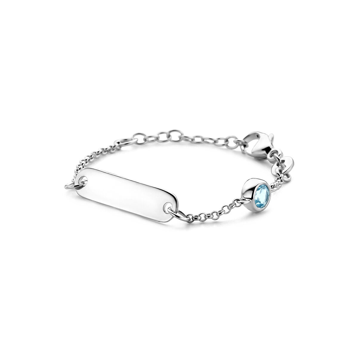 Gerhodineerde 925 zilveren kinder graveerarmband met een blauwe topaas en een schakelarmband.