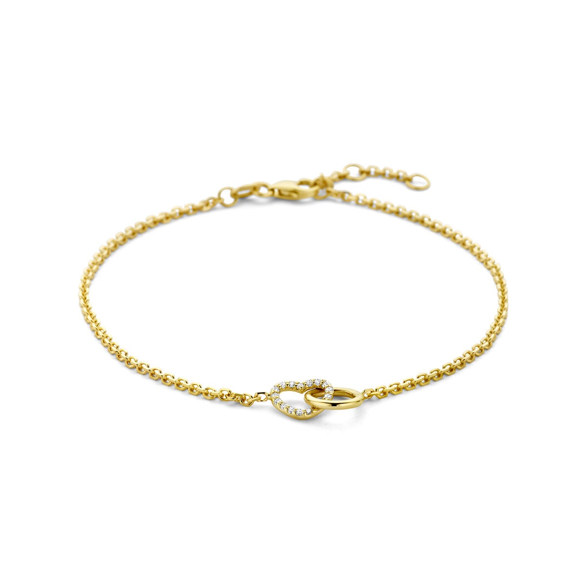 Bracelet en or jaune 14k avec un rond et un cœur en diamant lab grown de 0,09 ct.