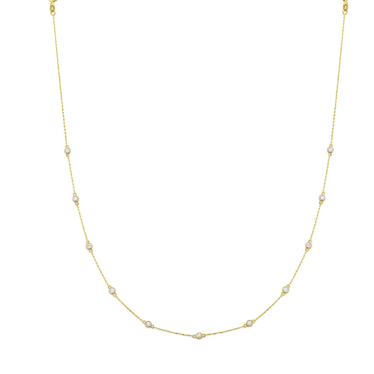 14k geelgouden ketting met kleine zirkonia steentjes in een speelse, afwisselende opstelling.