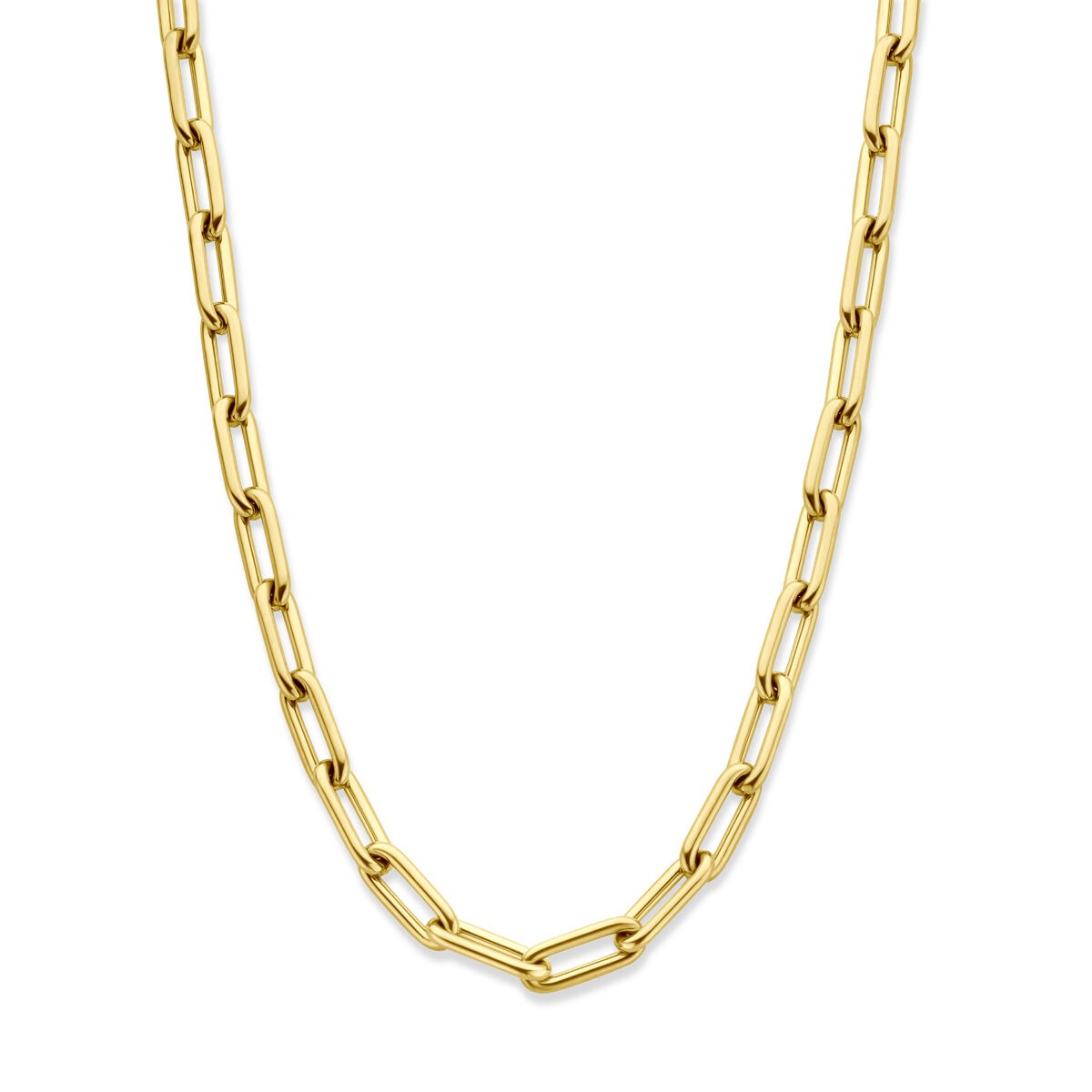 Collier en acier pour femmes avec plaquage doré, maillons allongés, longueur ajustable de 44,5 à 49,5 cm.