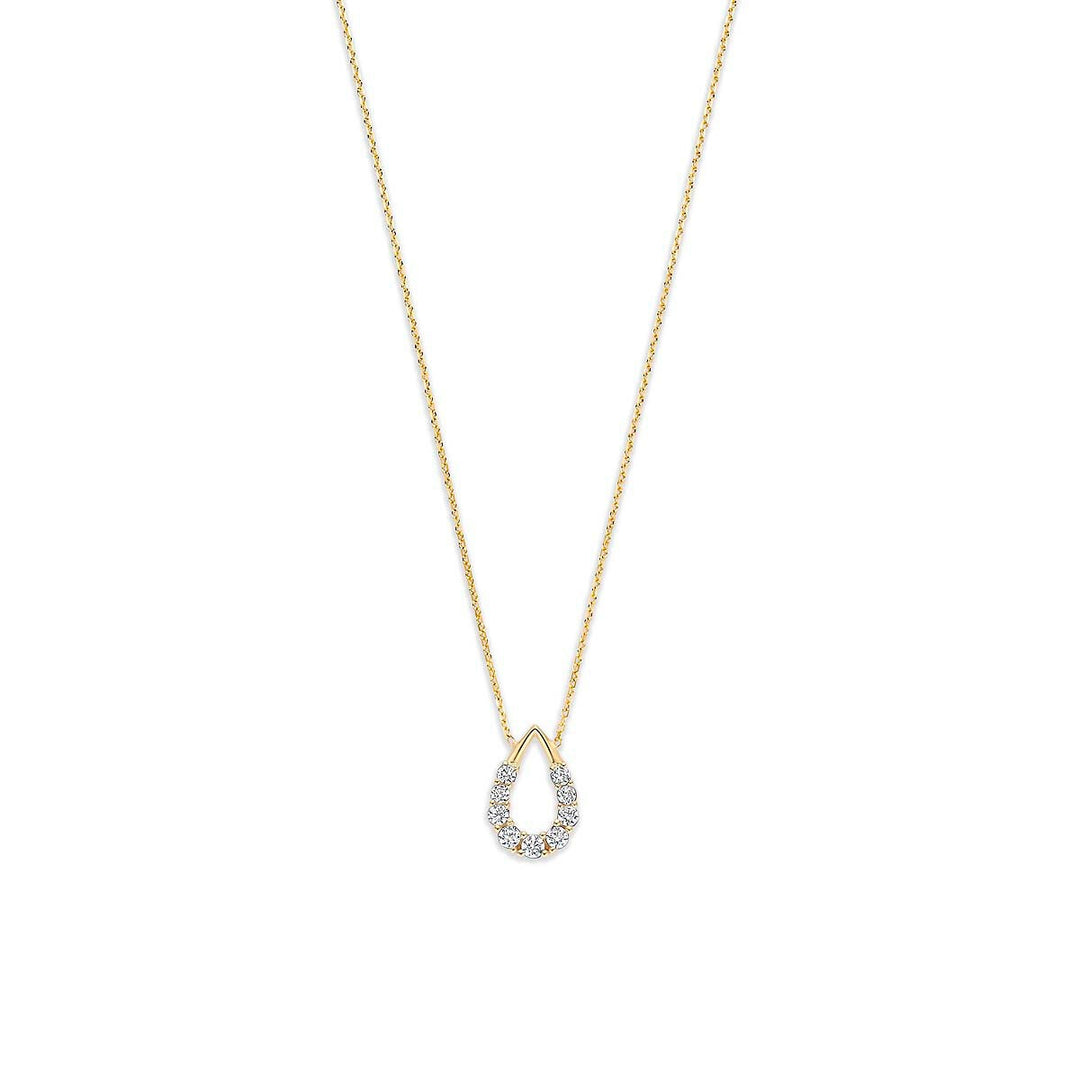 Geelgouden collier met een druppelvormige hanger bezet met zirkonia.