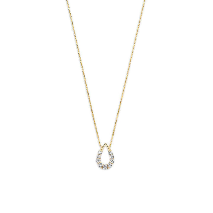 Geelgouden collier met een druppelvormige hanger bezet met zirkonia.