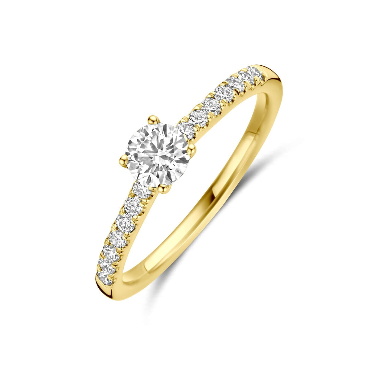 Bague en or 14 carats avec diamant de culture en forme de brillant, ornée de petites pierres.