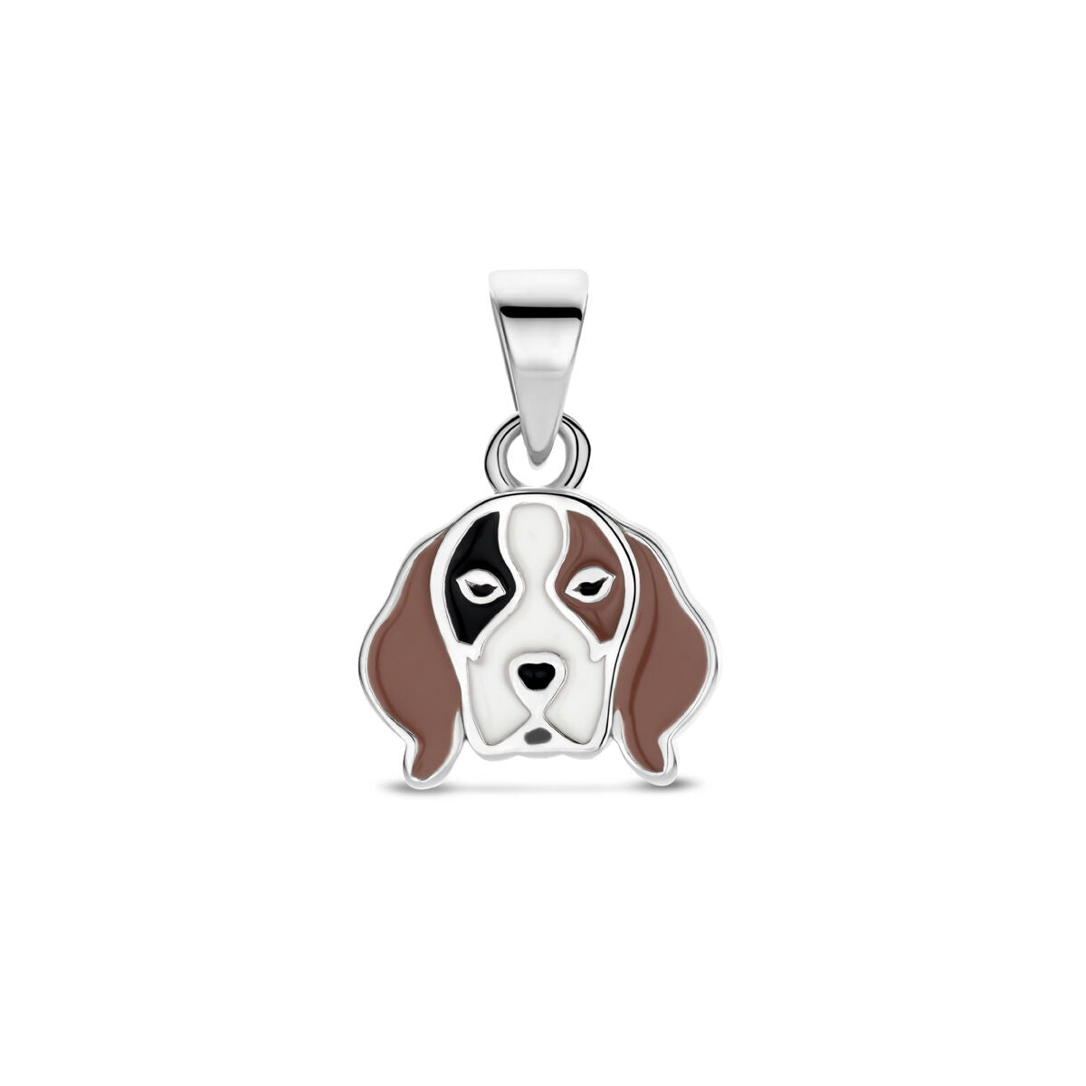 pendentif en argent rhodié en forme de tête de chien, 14 mm, avec des détails en émail brun et noir.