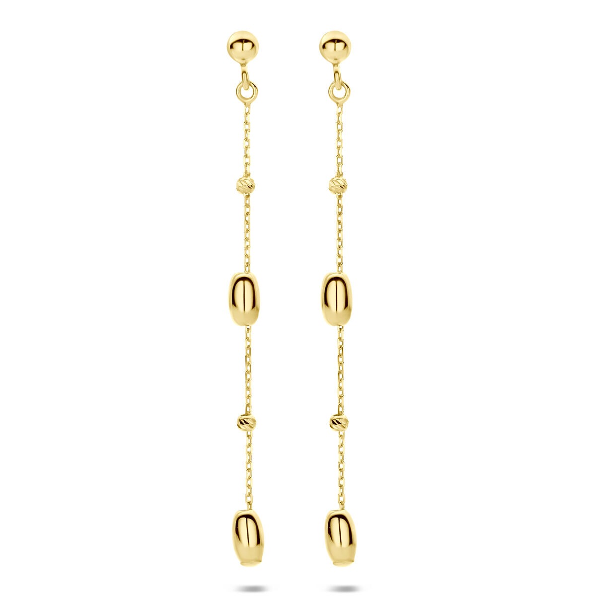 Boucles d'oreilles en or jaune de 14 carats, longues de 50 mm, avec des perles ovales et des maillons.