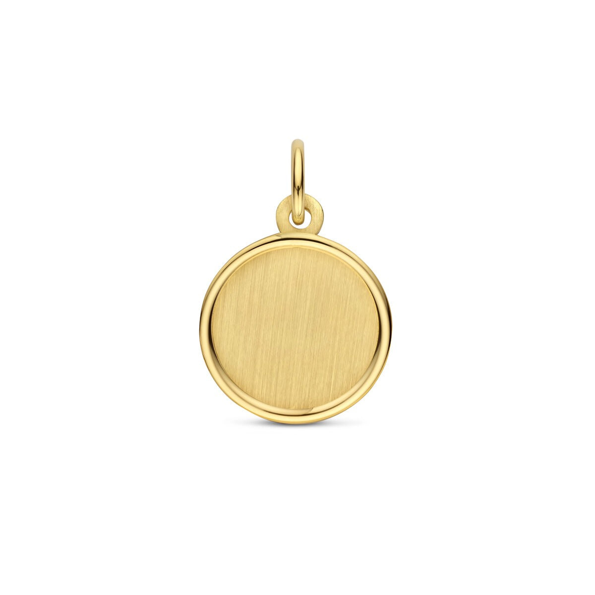 Pendentif en or jaune 14 carats, de forme ronde avec une finition brossée.