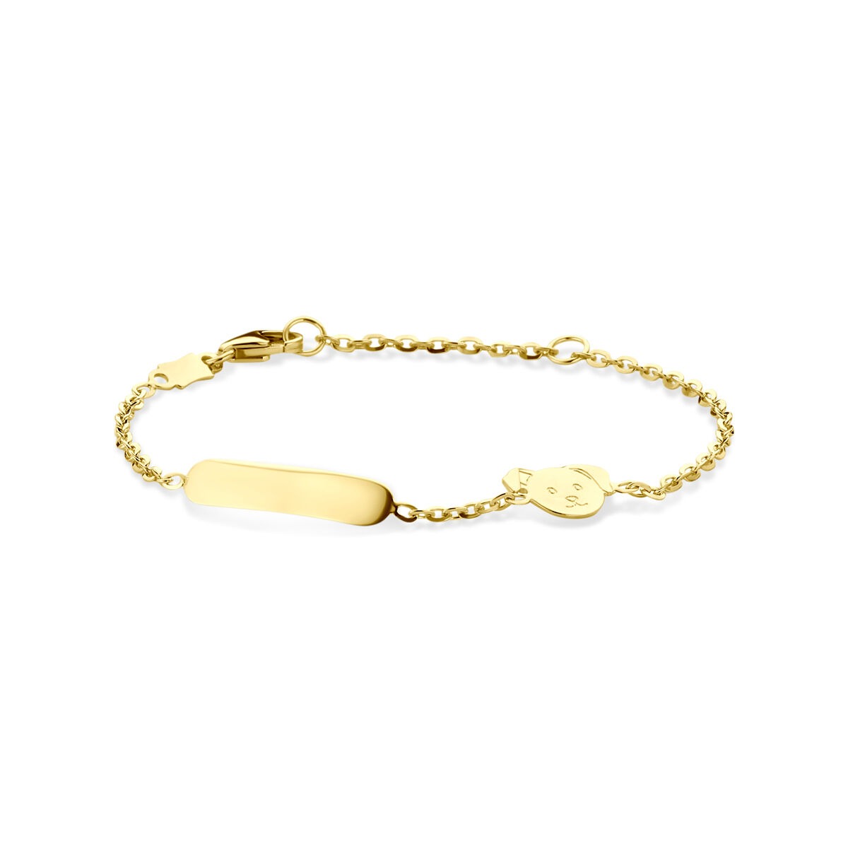 Bracelet en or 14 carats avec une plaque gravable et un charm en forme de chien.