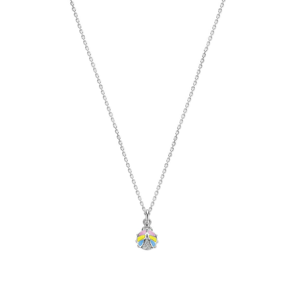 Collier en argent rhodié avec pendentif en forme de coquillage et détails colorés.