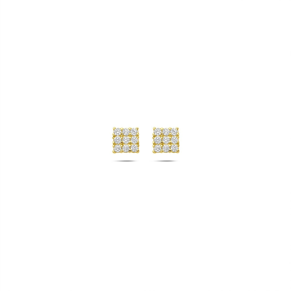 Boucles d'oreilles en or 14 carats avec pavé de zirconium, forme carrée.