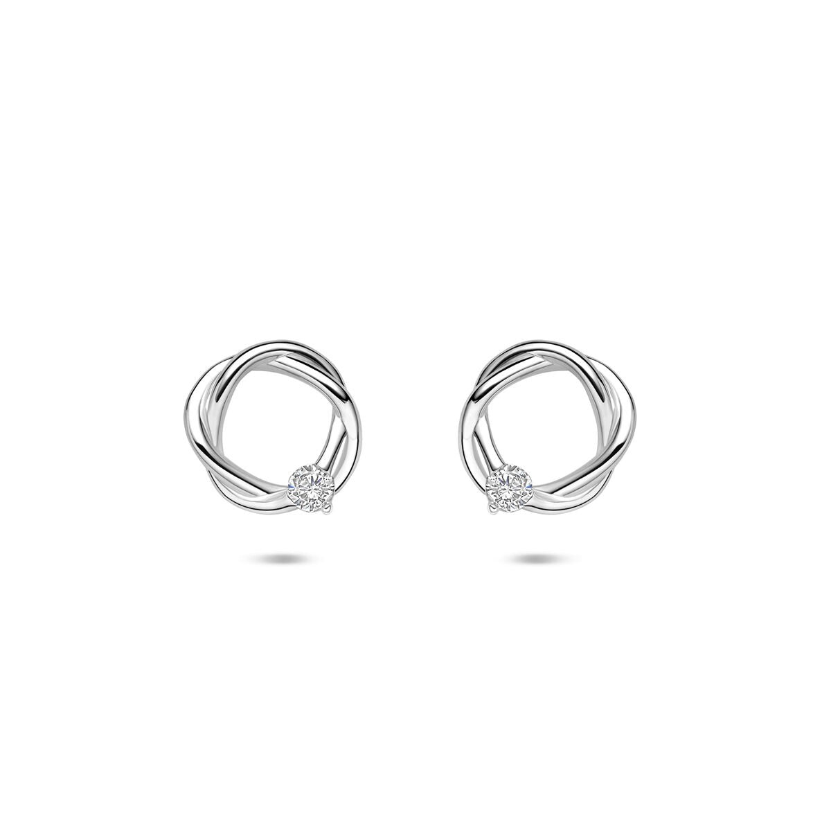 Boucles d'oreilles en argent 925 rhodié avec zirconia, diamètre de 10 mm, design enroulé.