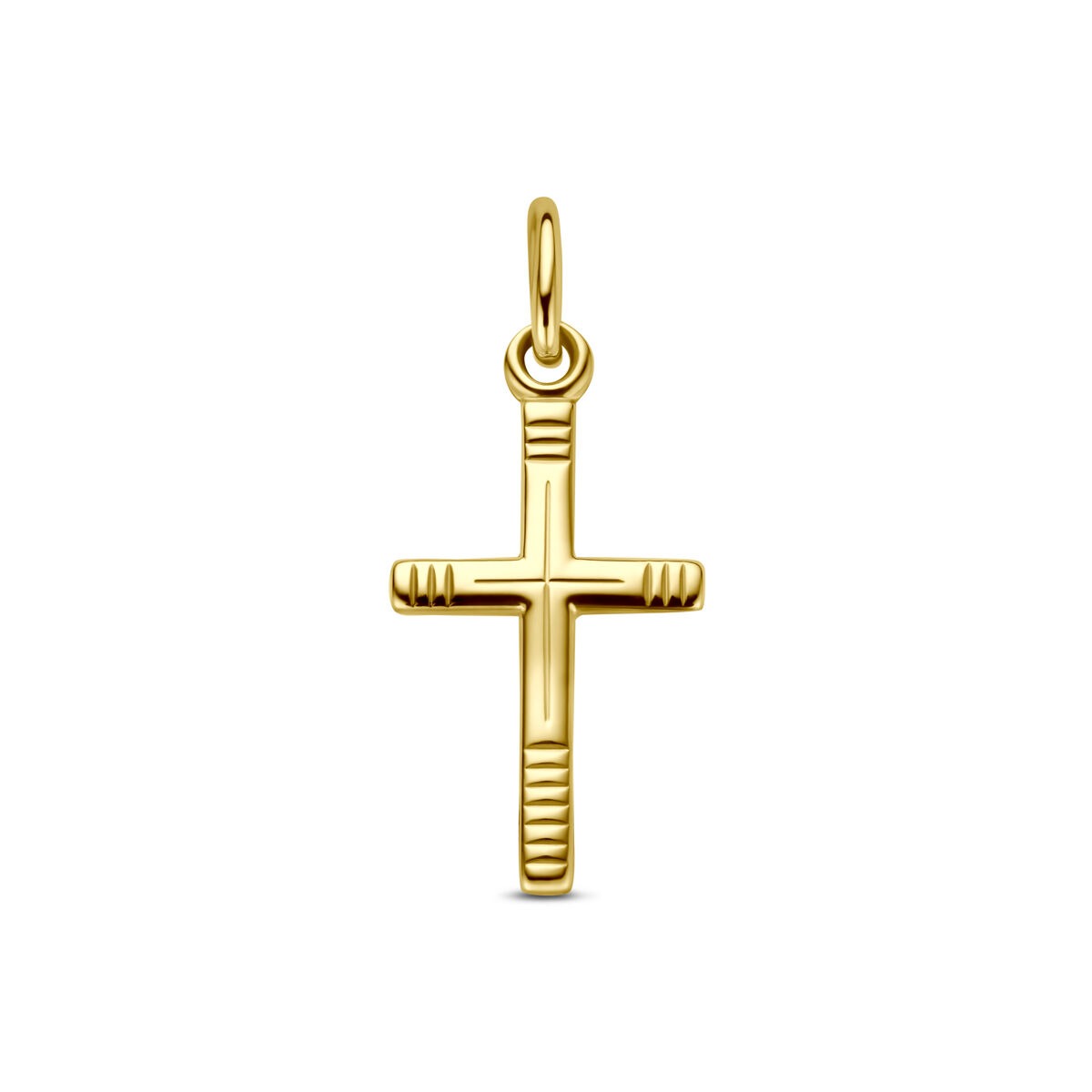 Pendentif en croix en or jaune 9 carats avec des détails gravés.