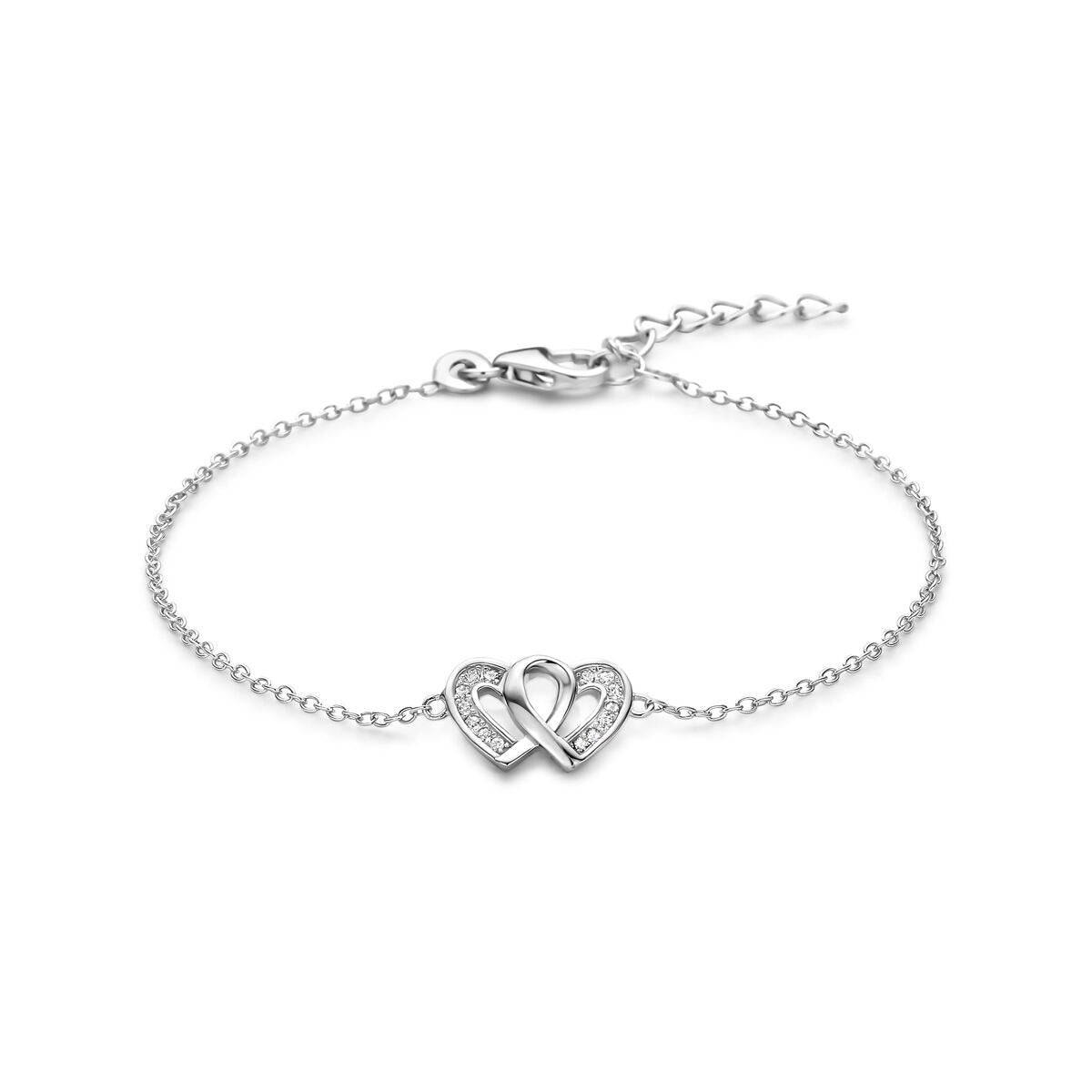 Bracelet en argent rhodié 925 avec un motif de cœurs entrelacés et des zircons.