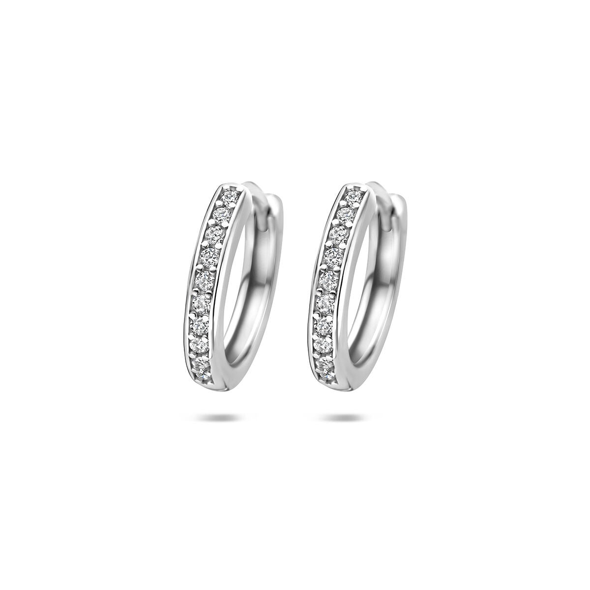 Boucles d'oreilles en argent 925 rhodié avec zircons, forme ronde et finition brillante.