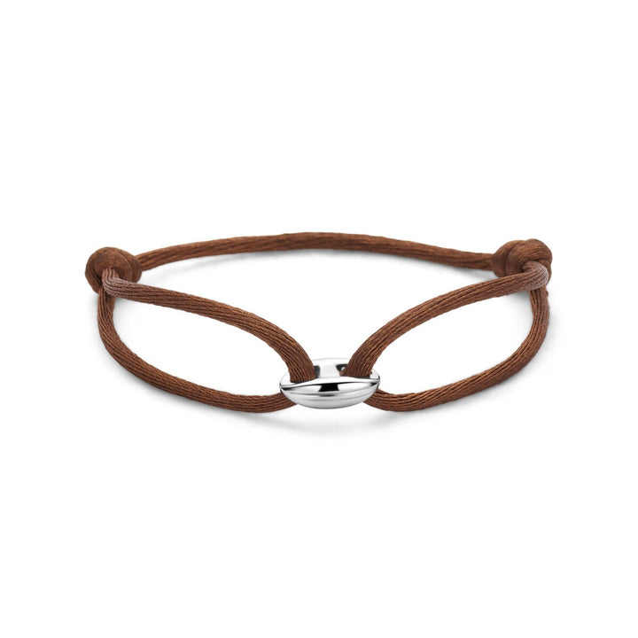 Bruine satijnen armband met zilveren koffieboon