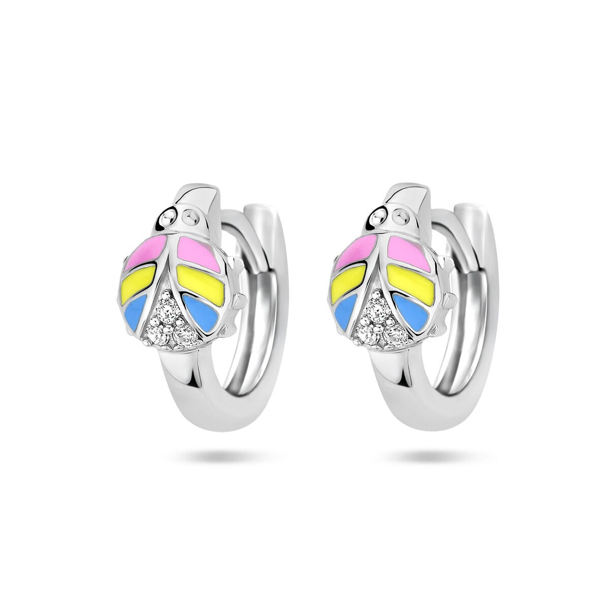 Boucles d'oreilles en argent rhodié 925 avec motif de coccinelle et zirconia, couleurs vives.