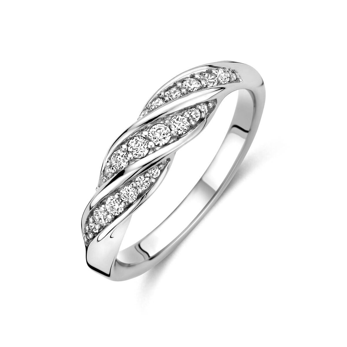 Bague en argent rhodié avec zirconias, design ondulé de 5 mm.