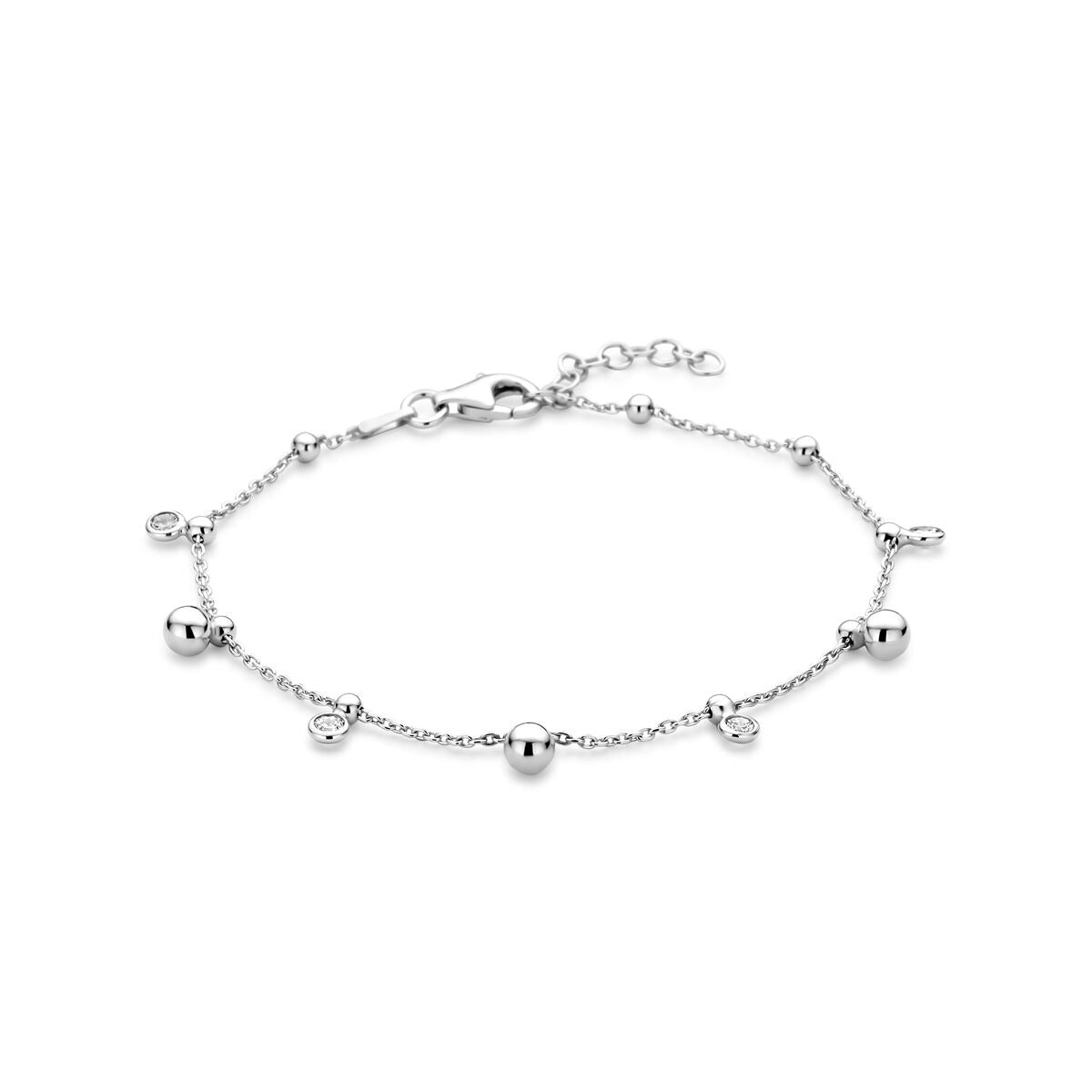 Zilveren dames armband van gerhodineerd 925 zilver met zirkonia, voorzien van ronde schakels en een verlengketting van 17 + 2 cm.