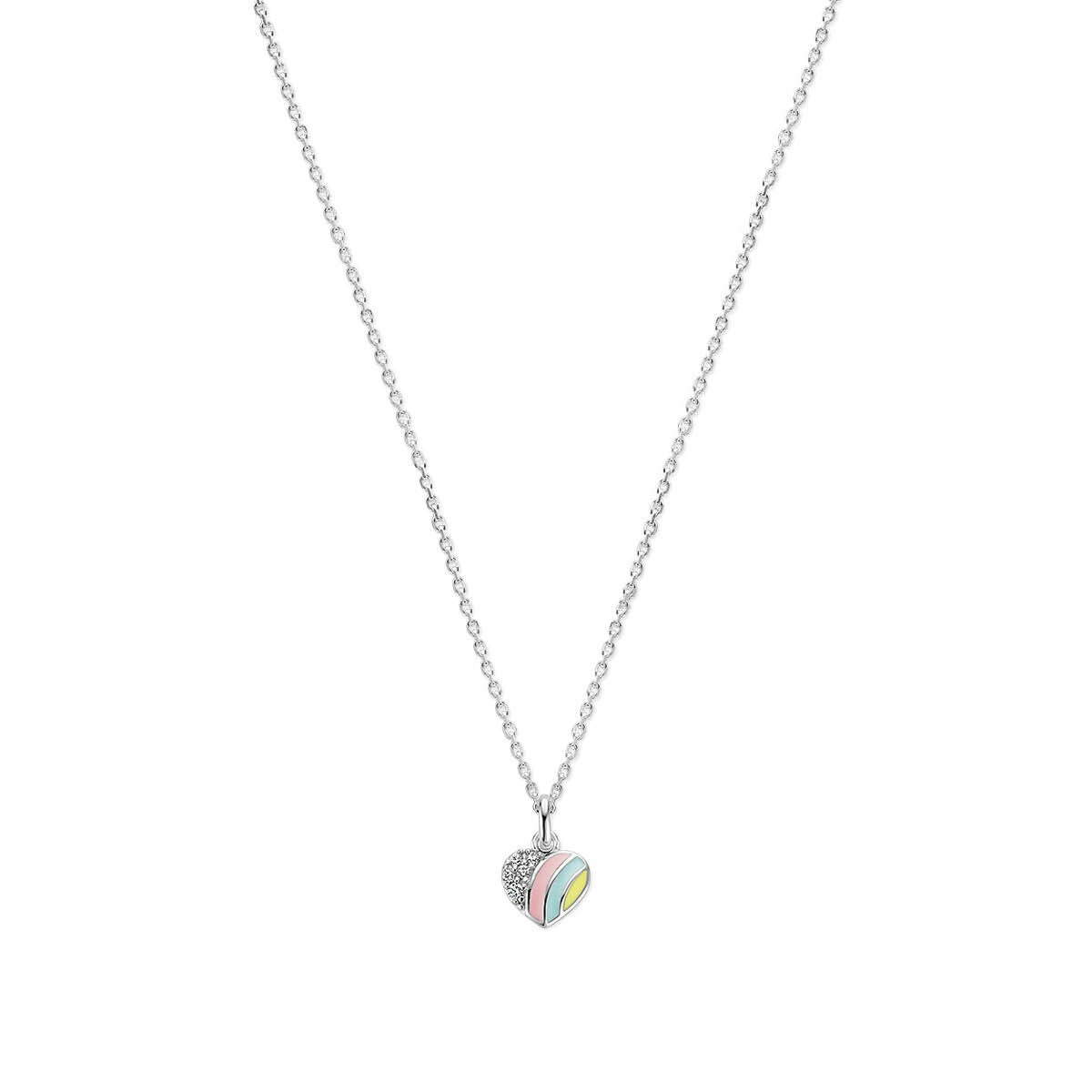 Zilveren kinderketting met een kleurrijk hartje van emaille en zirkonia-steentjes.