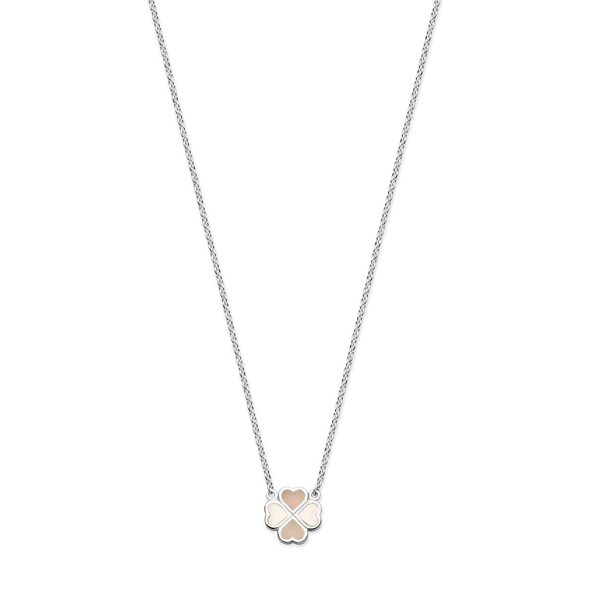 Collier en argent rhodié avec un pendentif en forme de trèfle, orné de nacre rose et blanche.