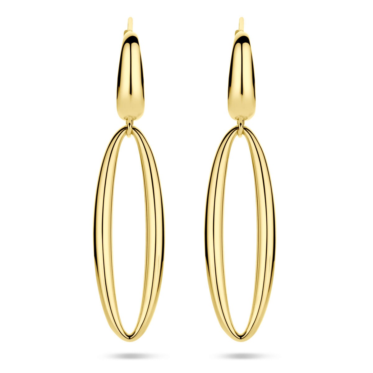 Boucles d'oreilles en or jaune 14k, longues de 42 mm, avec une forme ovale élégante.
