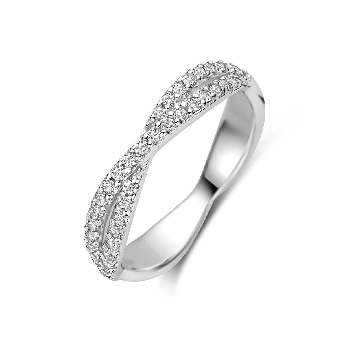 Bague en argent 925 rhodié ornée de zirconiums, design en forme de huit.