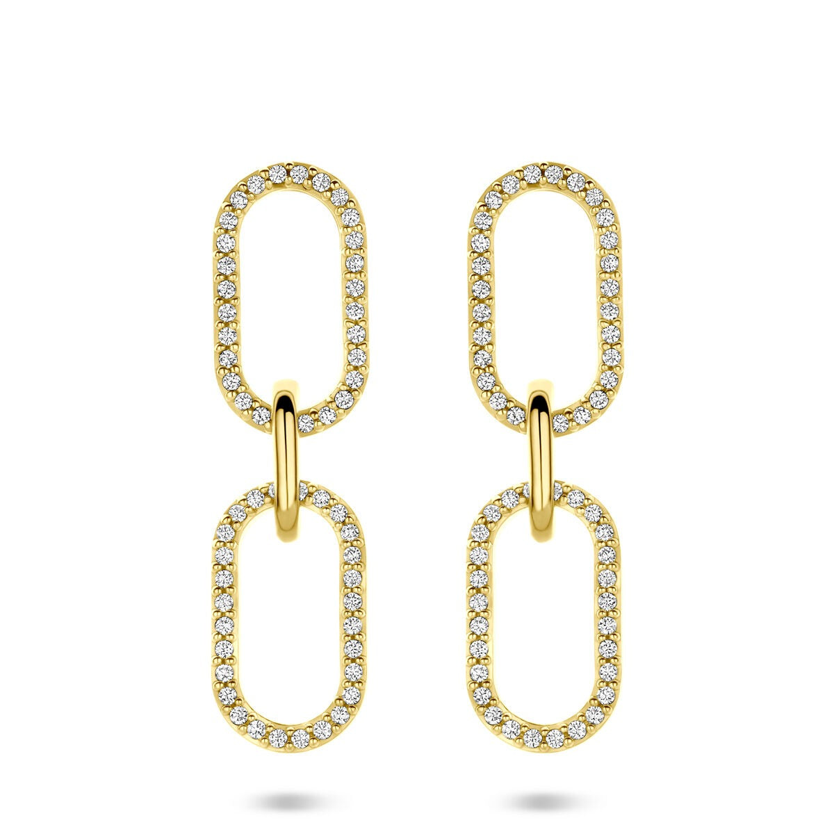 Verguld zilveren oorhangers met zirkonia, bestaande uit twee ovalen schakels, 33 mm lang.