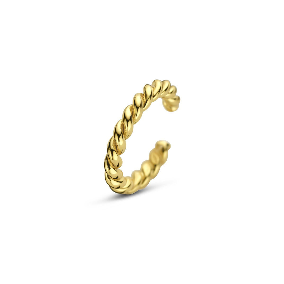 Ear cuff en argent doré avec un design minimaliste et des accents dorés, sans piercing.