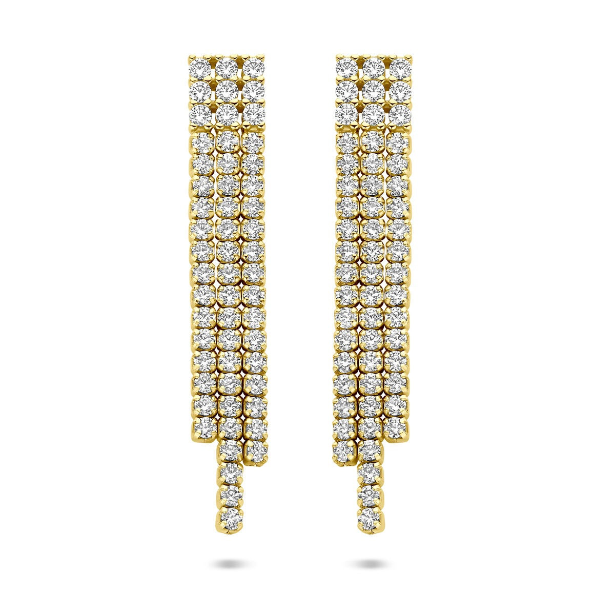 Boucles d'oreilles dorées avec zirconiums en sertissage entourage, mesurant 36 mm.