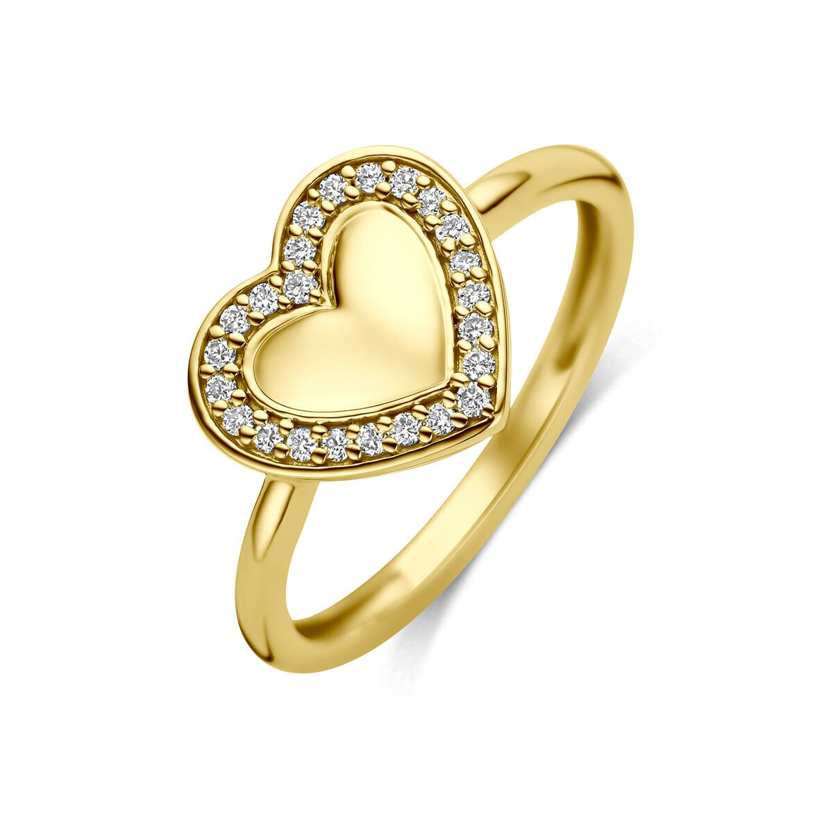 Bague en or jaune 14 carats en forme de cœur, ornée de diamants synthétiques.