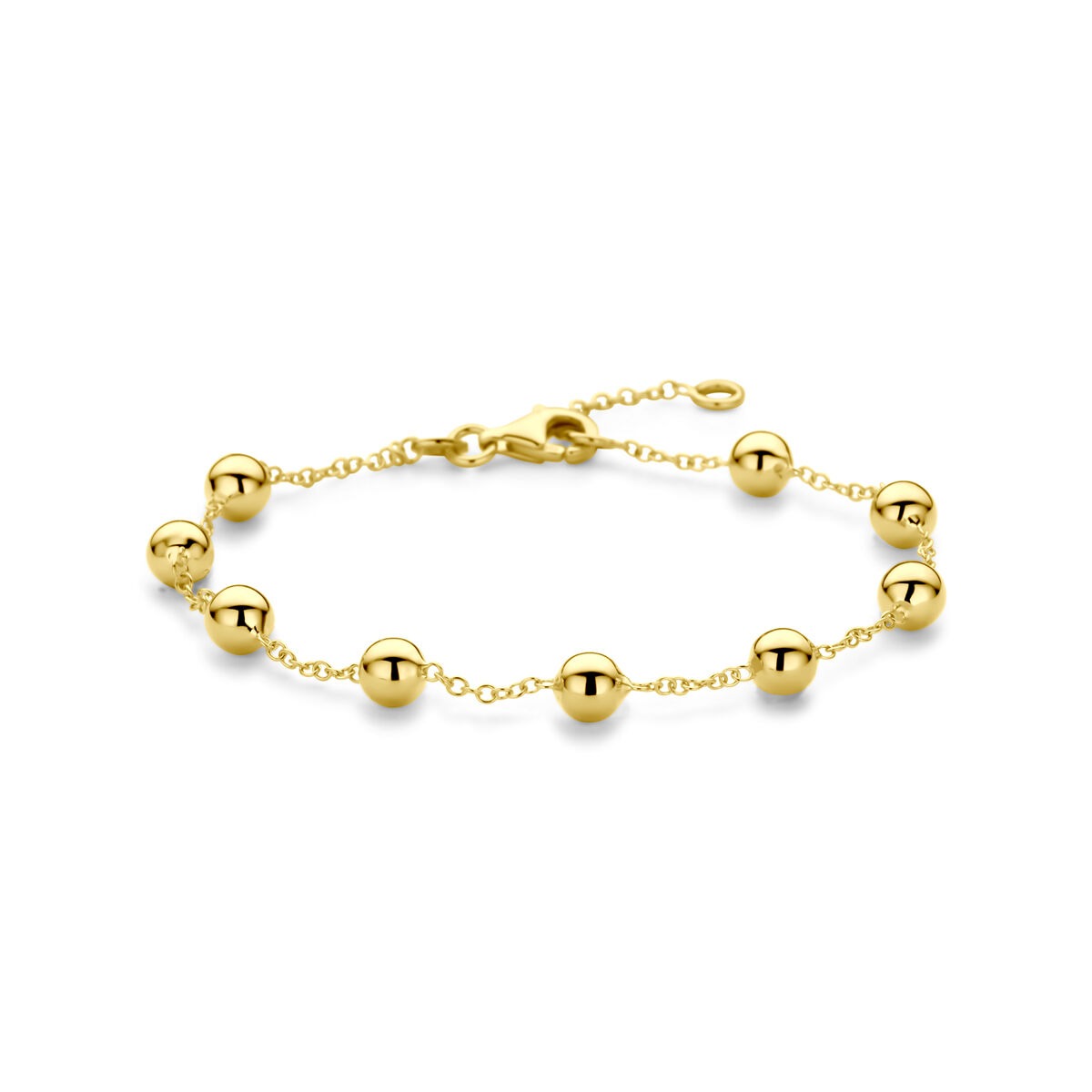Bracelet en or jaune avec des billes brillantes et un fermoir.