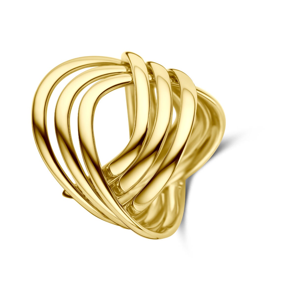 Bague en or jaune 14 carats avec un design en spirale et des lignes entrelacées.