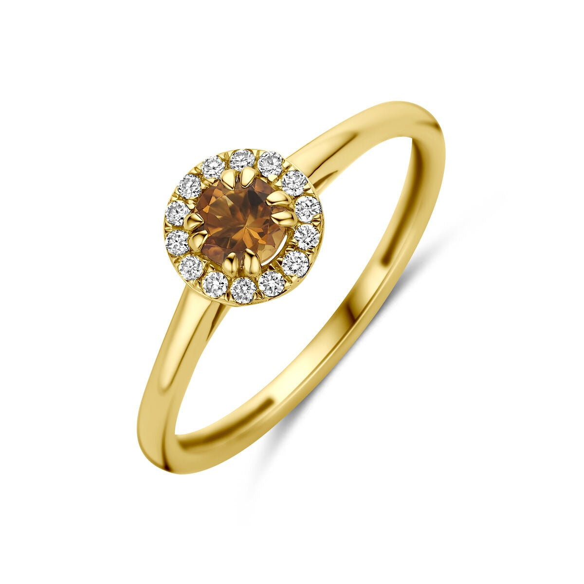 Bague en or jaune 14k avec citrine et diamant lab grown, ornée de petits diamants.