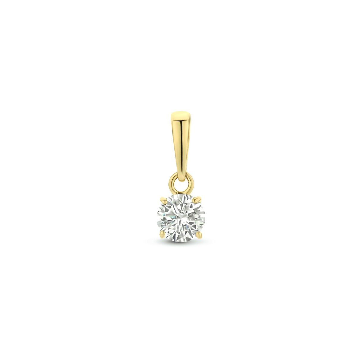 Pendentif en or jaune 14 carats avec zirconia, forme ronde et finition brillante.