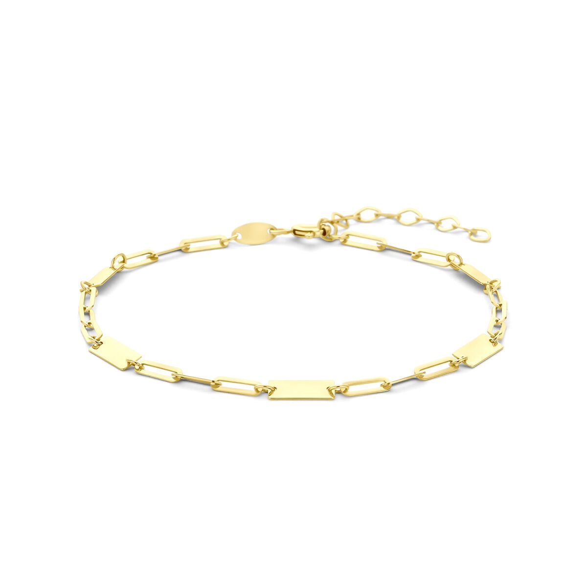 Bracelet en or jaune 14 carats avec détails en plaques, ajustable de 16 à 19 cm.
