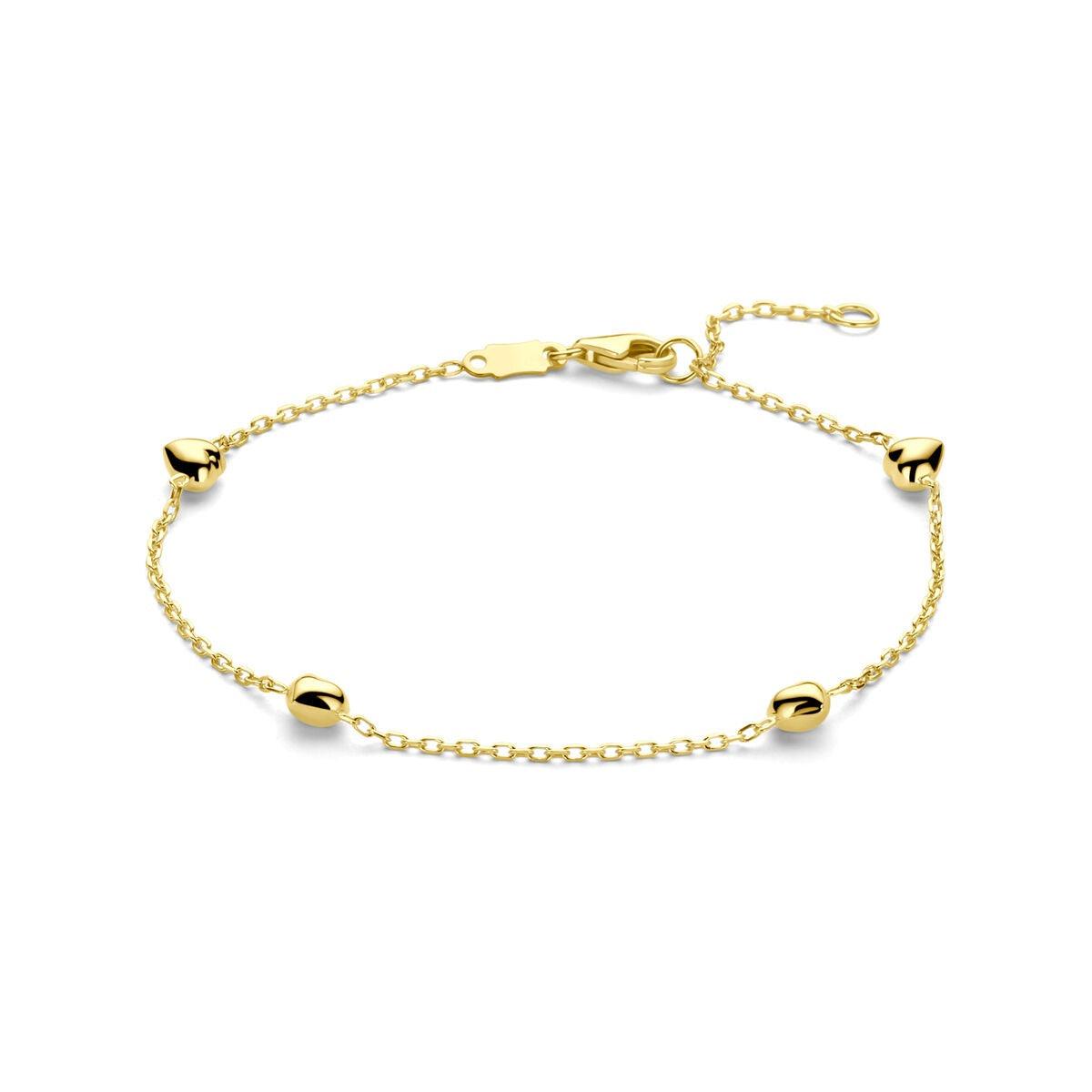 Bracelet en or jaune 14K avec des cœurs, longueur de 16 à 18 cm.