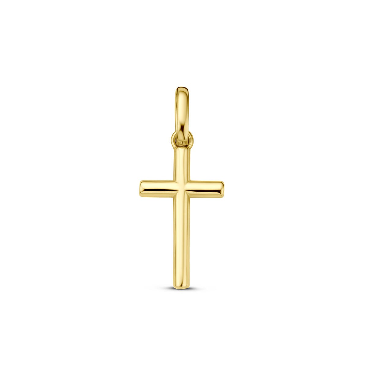 Pendentif croix en or jaune 9 carats, finition lisse et brillante.