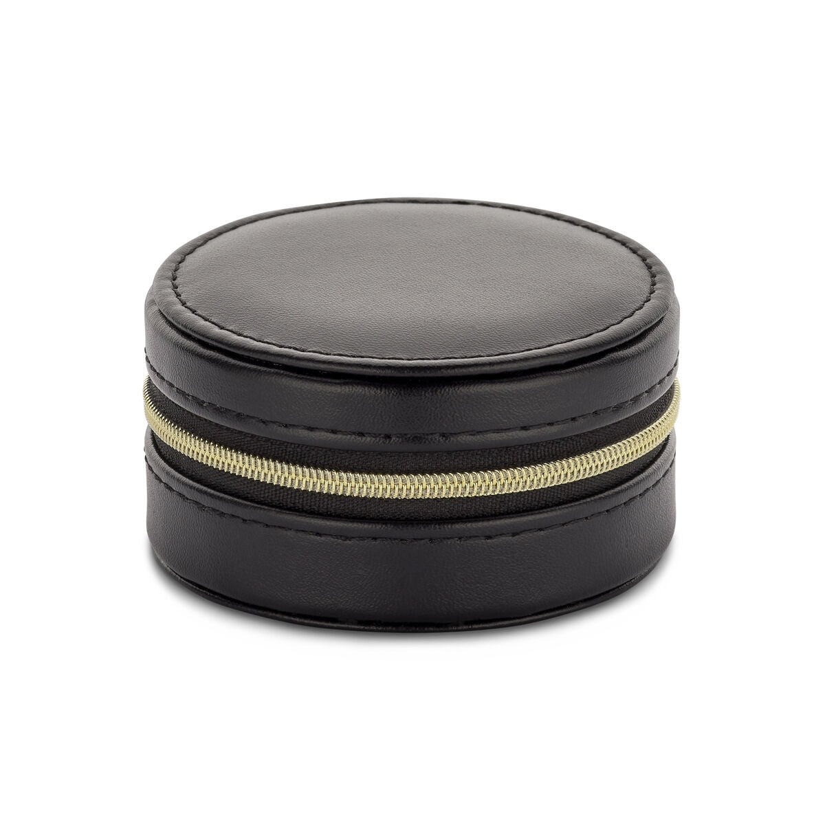 Boîte à bijoux ronde en simili cuir noir avec fermeture éclair dorée.