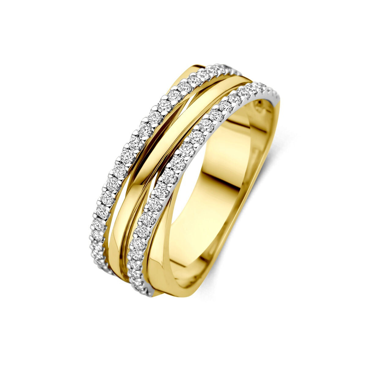 Bague bicolore en or 14 carats avec diamants en sertissage pavé.