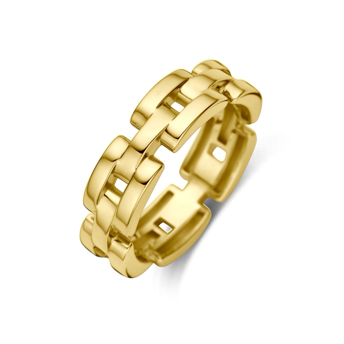 Bague en or jaune 14 carats avec un design entrelacé et des maillons.