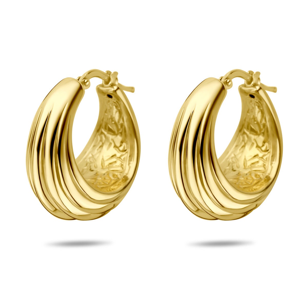 Boucles d'oreilles dorées en argent 925, de forme ronde avec des stries, mesurant 25,5 x 14 mm.