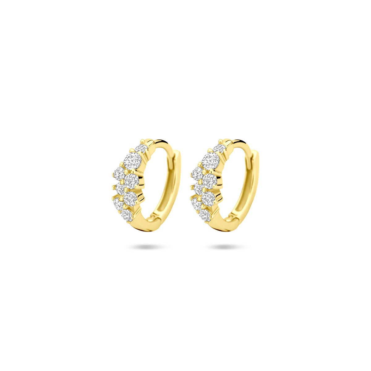 Vergulde zilveren klapoorringen met zirkonia, rond ontwerp, Ø13 mm, met glinsterende steentjes.